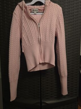 Light Pink Cable-Knit Hooded Zip Sweater